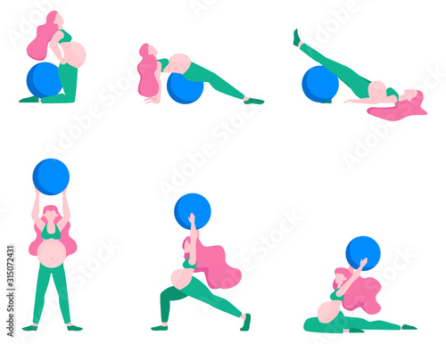 Pregnant woman doing fitness set. Exercises with fit ball.
