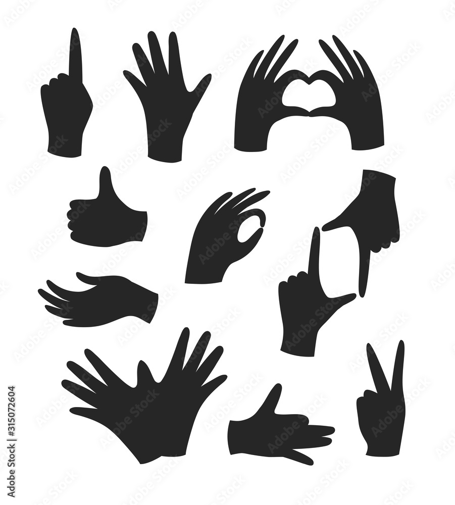 Fototapeta premium Hand gesture black icons isolated on the white background. Palm and finger vector symbols . Hand drawn design elements. The theatre of shadows.
