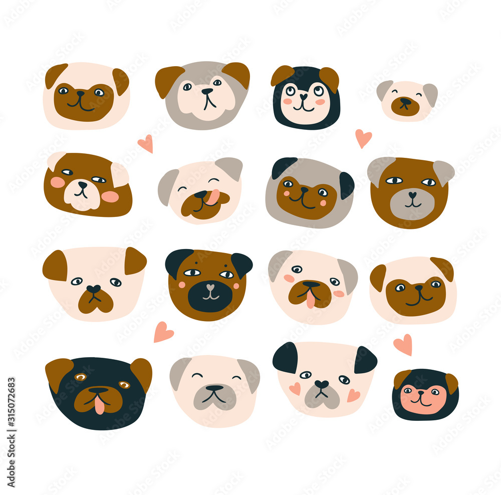 Fototapeta premium Cute vector heads of dogs isolated on the white background. Funny pugs print design for poster or t-shirt.