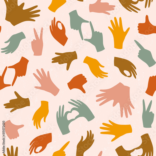 Seamless colorful pattern with hand gesture. Human hand, palm black silhouette. Vector repeating design for fabric, wallpaper or wrap paper.