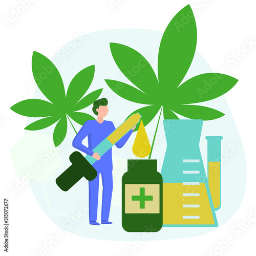 Manufacturing of CBD oil for medical, cosmetic, food and drink product. Medical uses for Cannabidiol. Vector flat concept illustration.