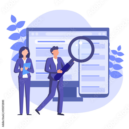 Business people using SERP on computer and smartphone. Search Engine Results Pages vector concept illustration.