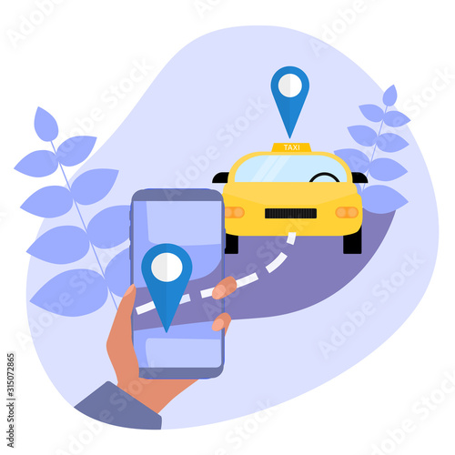 Taxi servis online. Mobile app for car service. Hand holding mobile with Taxi-app. Vector concept illustration.