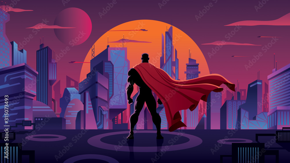 Obraz premium Superbohater w futurystycznym mieście