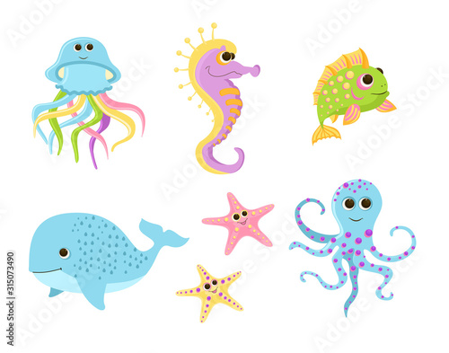 Vector cartoon fish set. Baby illustration. Children drawing.  Marine inhabitants , living in sea or ocean