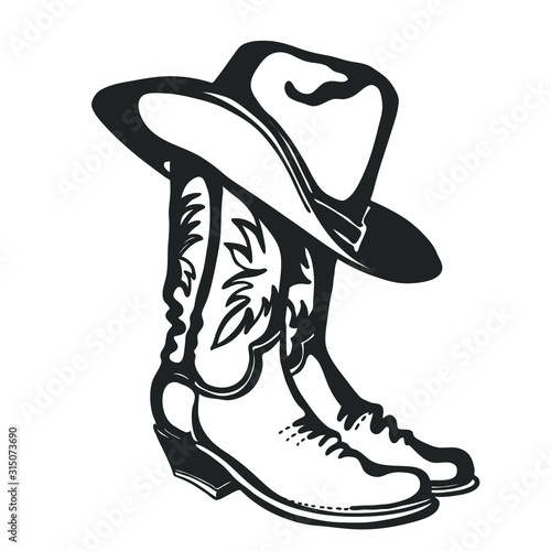 Cowboy boots and hat. Vector graphic hand drawn illustration isolated on white for print or design