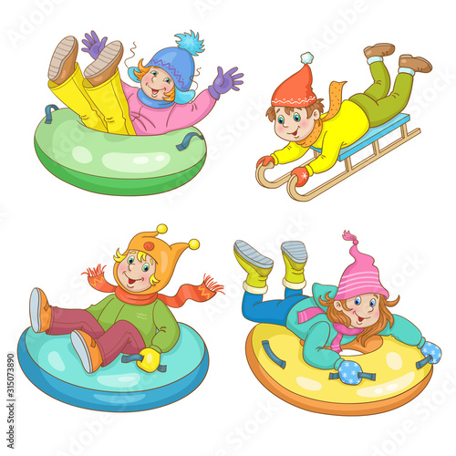 Winter entertainments. Collection of funny children ride down the hill on snow tubes and sled. In cartoon style. Isolated on white background. Vector illustration.