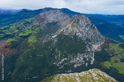 Aerial view, La Mortera, Sierra del Hornijo, San Juan, Soba Valley, Valles Pasiegos, Cantabria, Spain, Europe