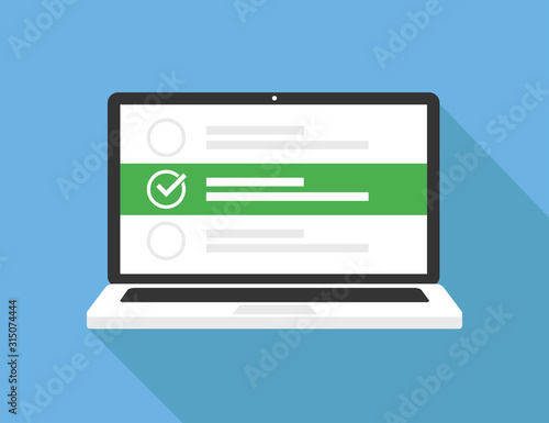 Vector Laptop with checklist on blue background with shadow. Isolated vector illustration. Online Survey. Questionnaire document concept. Flat design.