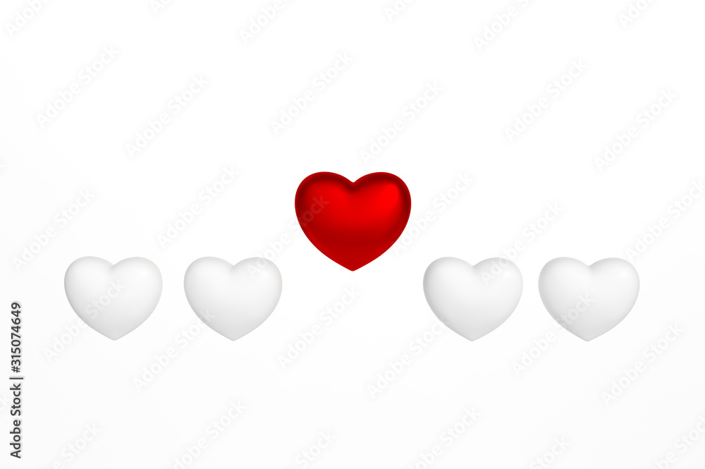 Outstanding metallic red heart floating among white heart on soft background 3d rendering. 3d illustration strong love and Valentines Day greeting card concept, invitation or banner template.
