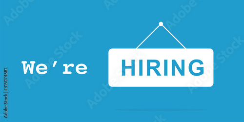 We're hiring signboard hanging on blue background. Isolated vector illustration. Hiring text banner concept. Business recruiting concept. Now hiring.