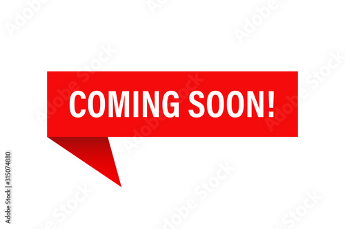 Vector banner coming soon on red ribbon isolated element. Banner for promotion design. Banner sale tag. Promotion concept.