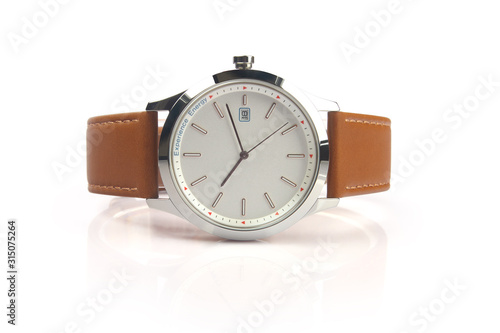 Men's leather wrist watch isolated on white background