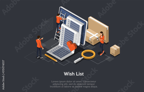 Isometric Wish List concept. Tiny People Characters Prepare The Wish List To Fill In. Vector illustration
