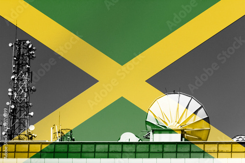 3D illustration Telecommunications in countries with the flag of Jamaica.