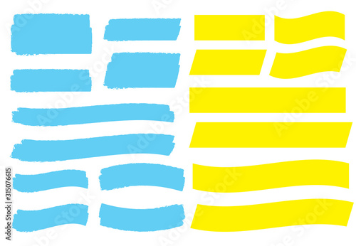 Yellow highlight marker lines. Highlighter strokes and pen brush vector