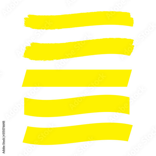Yellow highlight marker lines. Highlighter strokes and pen brush vector