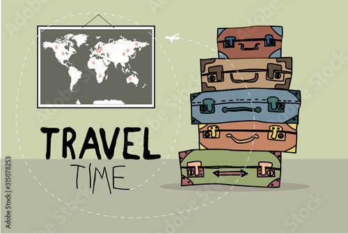Cartoon vintage suitcases on top of each other on floor near wall map of world. travel time