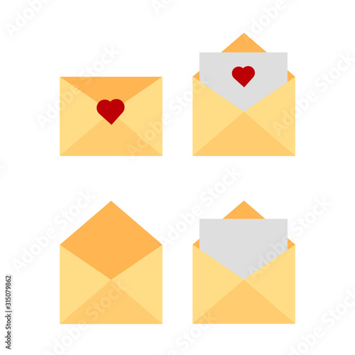 This is envelope and paper, heart. Love letter on white background.