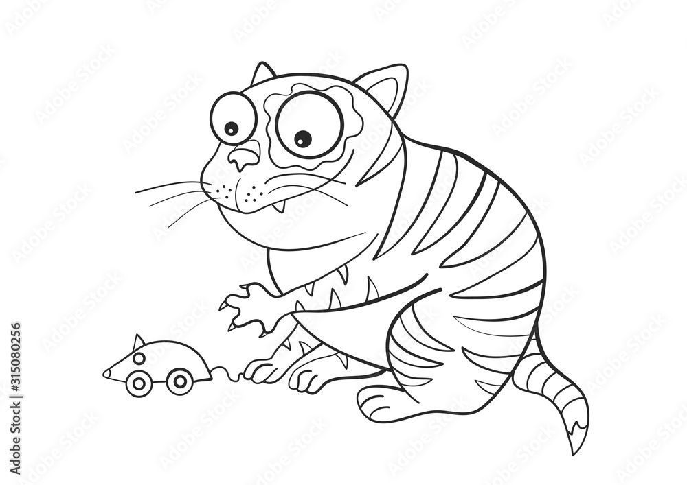 Fototapeta premium Cat with mouse. Funny character. Coloring book. Print. Vector illustration