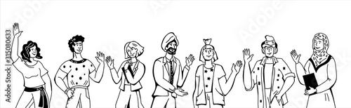 Multicultural young people group, man and woman with greeting gesture, welcoming and saying Hello. Youth lifestyle and friendship. Cartoon sketch black line vector illustration isolated.