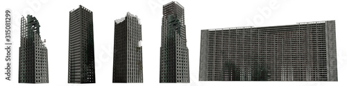 set of ruined skyscrapers, tall post apocalyptic buildings isolated on white background