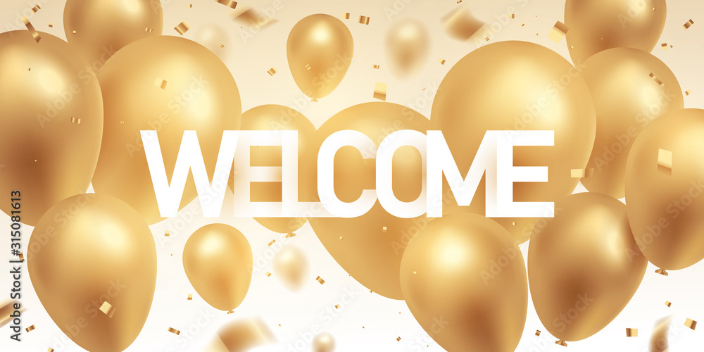 Welcome, celebration background. Golden balloons with confetti. Greeting  card design. Stock Vector | Adobe Stock