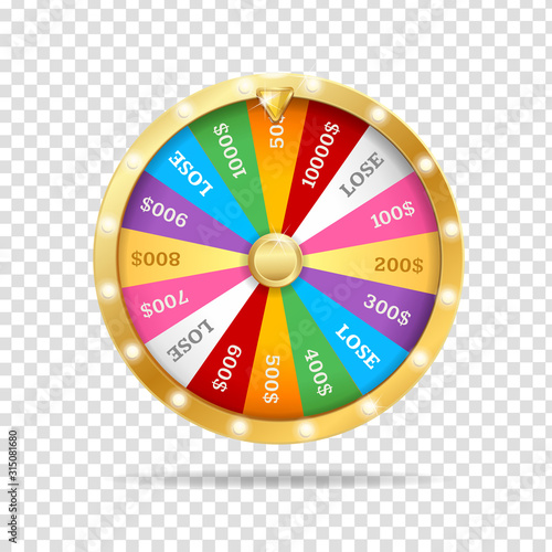 Realistic 3d Detailed Casino Fortune Wheel on a Transparent Background. Vector