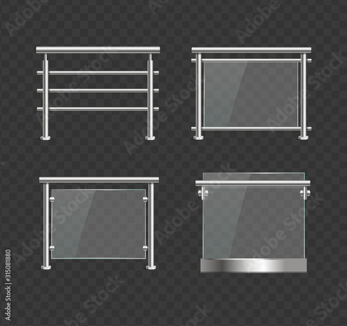 Foto Realistic Detailed 3d Glass Balustrade with Metal Handrails Set