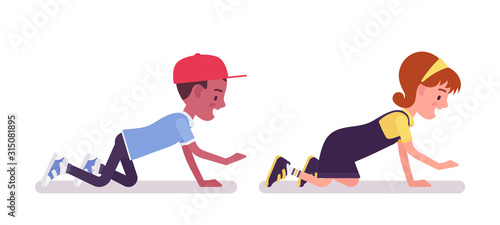 School boy, girl having fun, crawling on hands and knees. Cute small children after study, active young kids, smart elementary pupils aged between 7, 9 year old. Vector flat style cartoon illustration