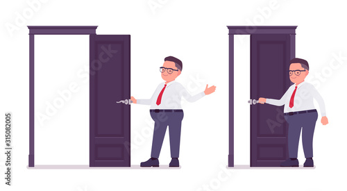Fat male clerk opening and closing a door. Heavy middle aged business guy, office manager, civil service worker, typical employee in a plus size formal wear. Vector flat style cartoon illustration