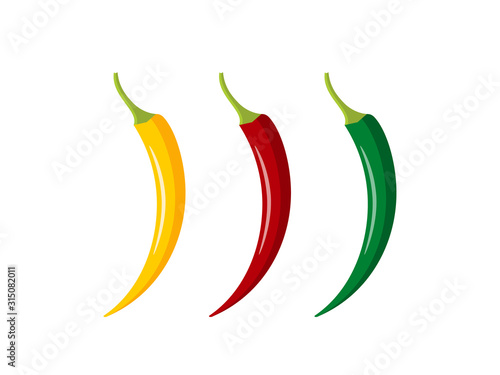 Colorful hot chili peppers isolated on white background. Yellow, red and green chilly pepper set. Three different chillies. Chilli spicy paprika vegetables. Vector illustration, flat style,clip art