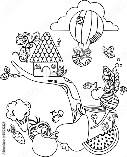 Healthy Foods and Children. Black and White Vector Illustration-Clipart.