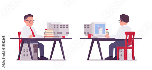 Fat male clerk working at computer desk. Heavy middle aged business guy, office manager and civil service worker, typical employee in a plus size formal wear. Vector flat style cartoon illustration