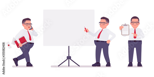Fat male clerk working at board, with papers. Heavy middle aged business guy, office manager, civil service worker, typical employee in a plus size formal wear. Vector flat style cartoon illustration
