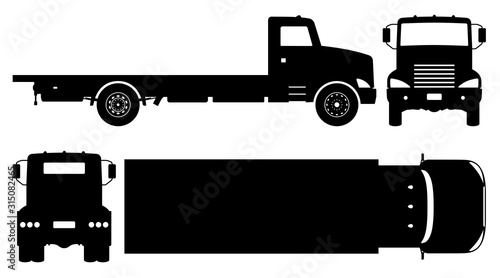 Flatbed truck silhouette on white background. Vehicle icons set view from side, front, back, and top