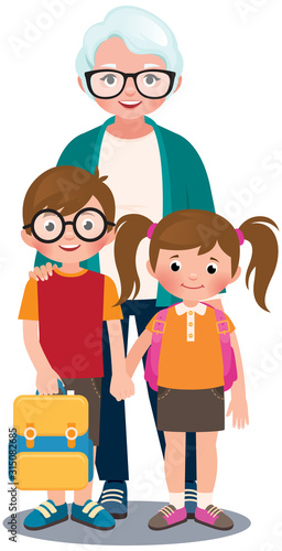 Grandmother hugs her grandchildren school students vector illustration