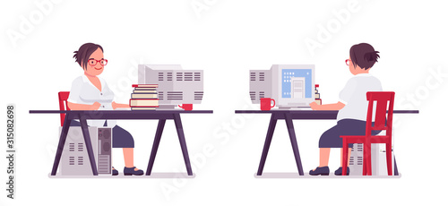 Fat female clerk working at computer desk. Heavy middle aged business lady, office manager and civil service worker, typical employee in a plus size formal wear. Vector flat style cartoon illustration