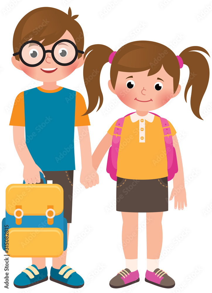 Boy and girl school children brother and sister in full length with school bags vector illustration Boy and girl school children brother and sister in full length with school bags vector illustration