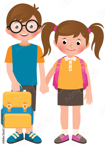 Boy and girl school children brother and sister in full length with school bags vector illustration