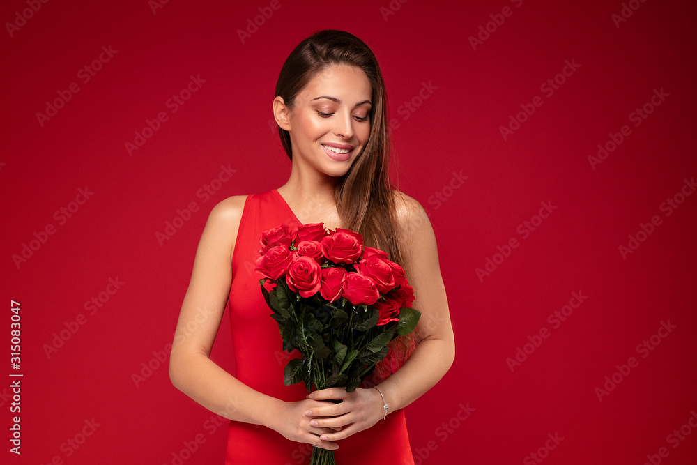 Happy smiling woman with roses bouquet. Happy smiling woman with roses bouquet.