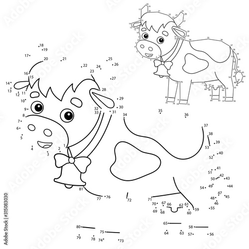 Educational Puzzle Game for kids: numbers game. Cartoon cow with bell. Farm animals. Coloring book for children.