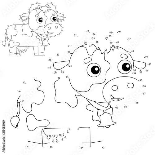 Educational Puzzle Game for kids: numbers game. Cartoon cow with bell. Farm animals. Coloring book for children.