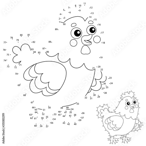 Puzzle Game for kids: numbers game. Cartoon chicken or hen. Farm animals. Coloring book for children.