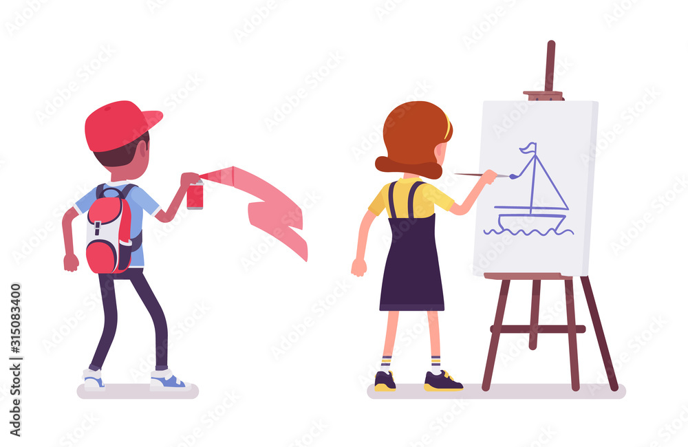 School boy and girl spray painting, drawing with easel. Cute small children on study, active young kids, smart elementary pupils aged between 7 and 9 years old. Vector flat style cartoon illustration School boy and girl spray painting, drawing with easel. Cute small children on study, active young kids, smart elementary pupils aged between 7 and 9 years old. Vector flat style cartoon illustration