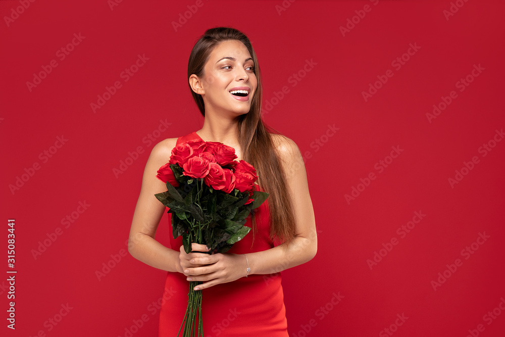 Happy smiling woman with roses bouquet. Happy smiling woman with roses bouquet.