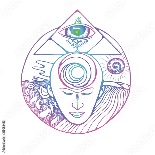 Color illustration of a meditating man, masonic triangle, eye and receding horizon.