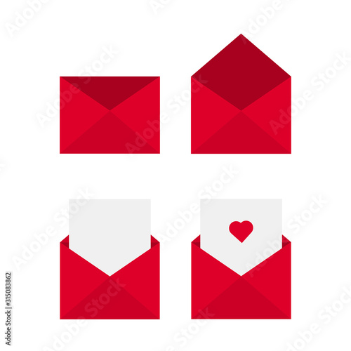 This is red envelope and paper, heart. Love letter on white background. Outline vector envelope isolated on white background.