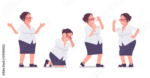 Fat female clerk in positive emotions. Heavy middle aged business lady, office manager and civil service worker, typical employee in a plus size formal wear. Vector flat style cartoon illustration
