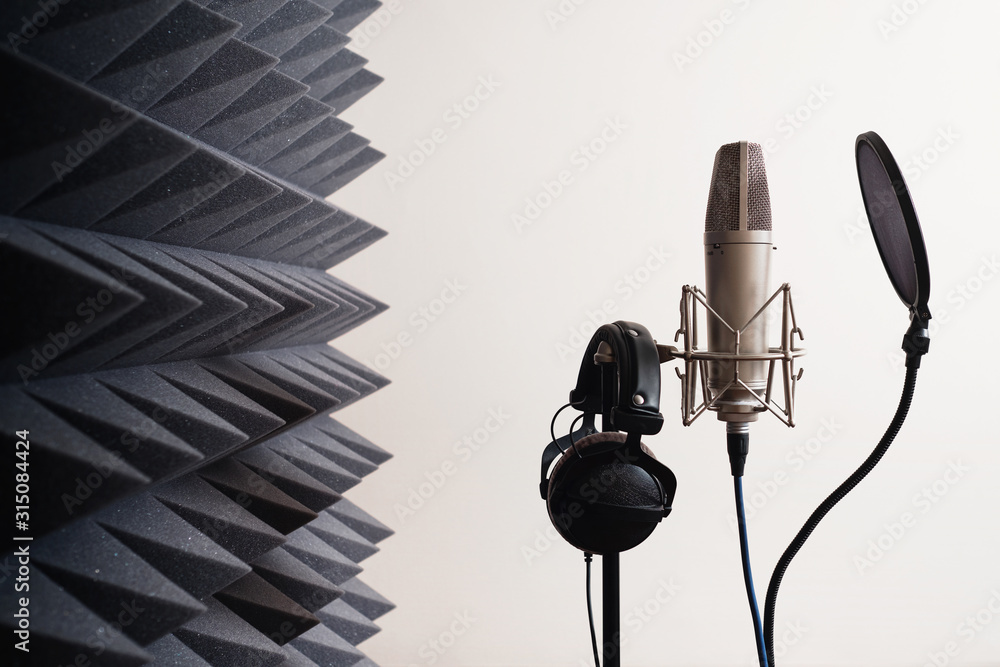 Recording studio equipment: microphone, acoustic foam, headphones - obrazy, fototapety, plakaty 